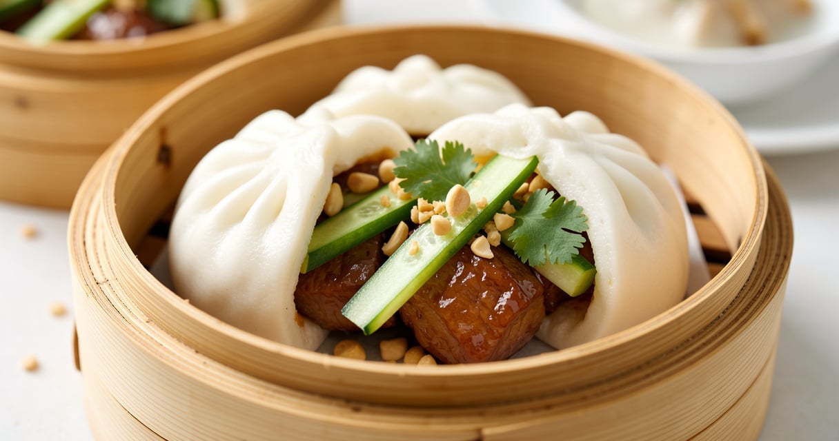 Bao buns vapeur farcis au porc effiloché dans un panier bambou
