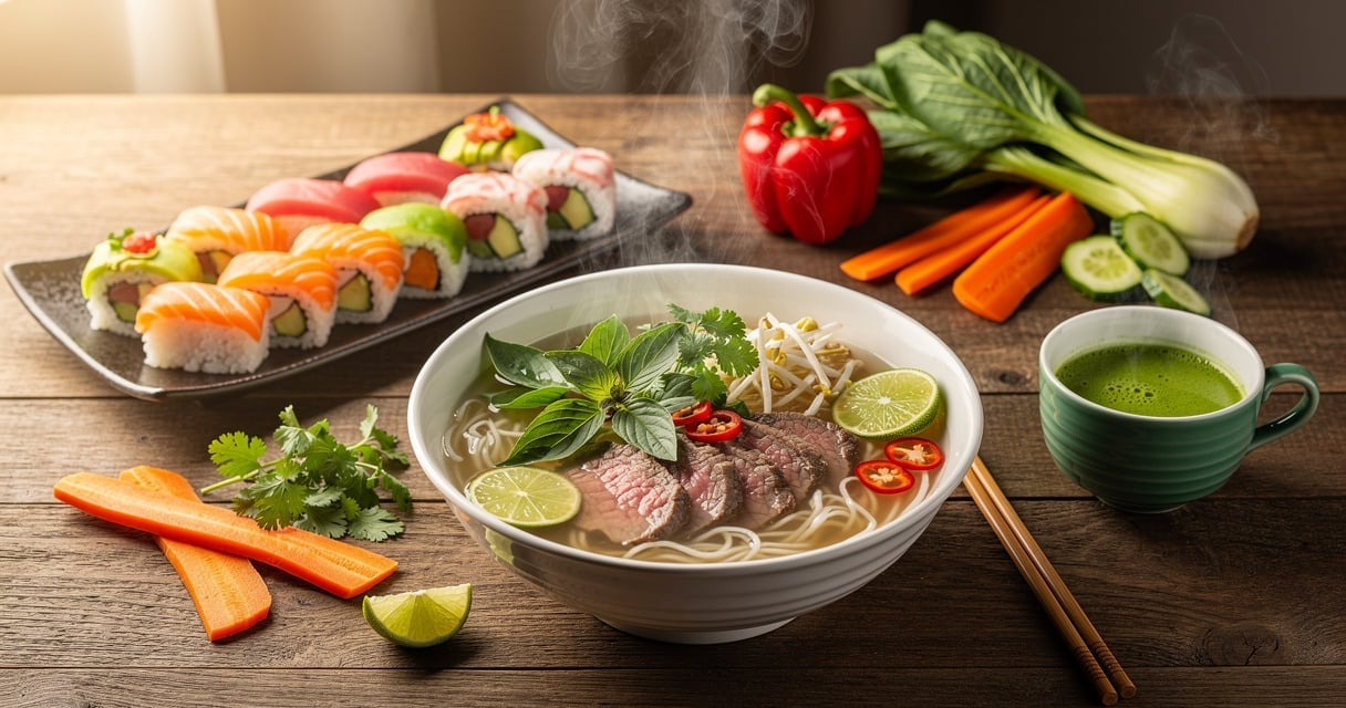 Repas asiatique équilibré avec soupe pho, sushis, légumes frais et thé vert sur table en bois