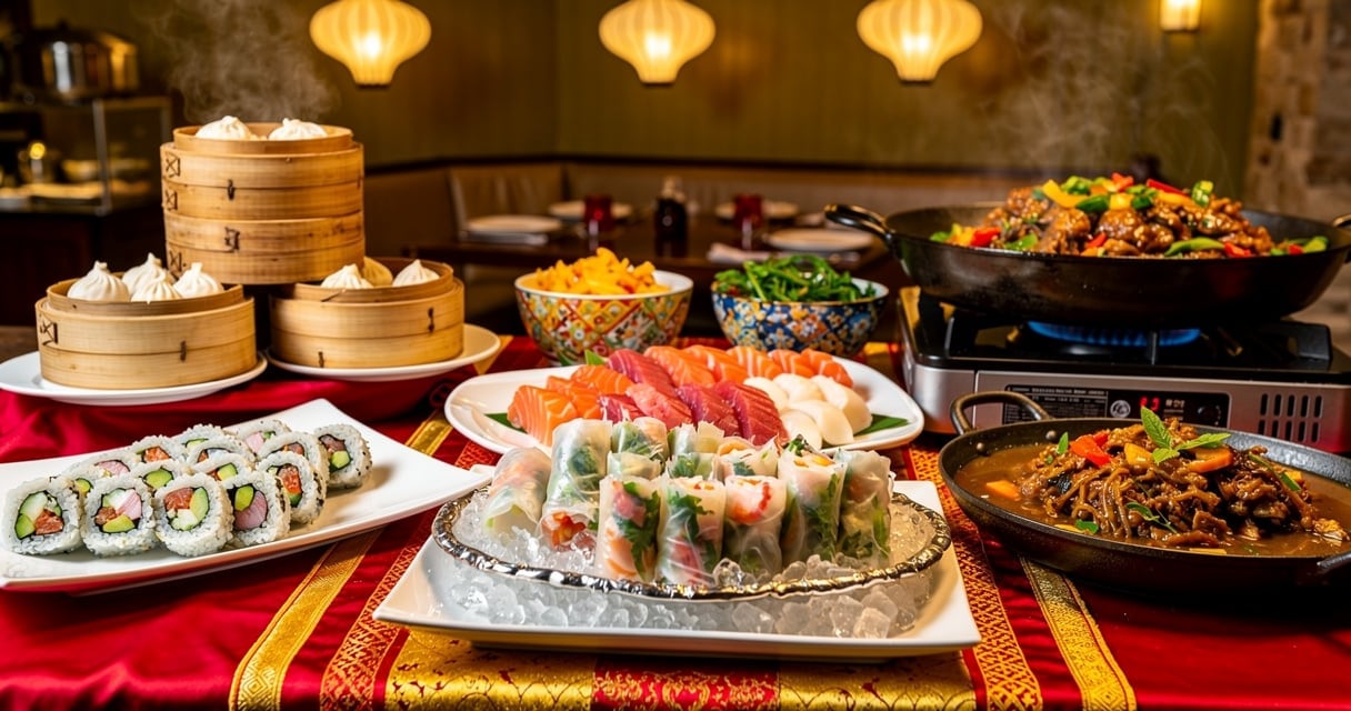 Buffet asiatique varié avec sushis, dim sum et plats chauds