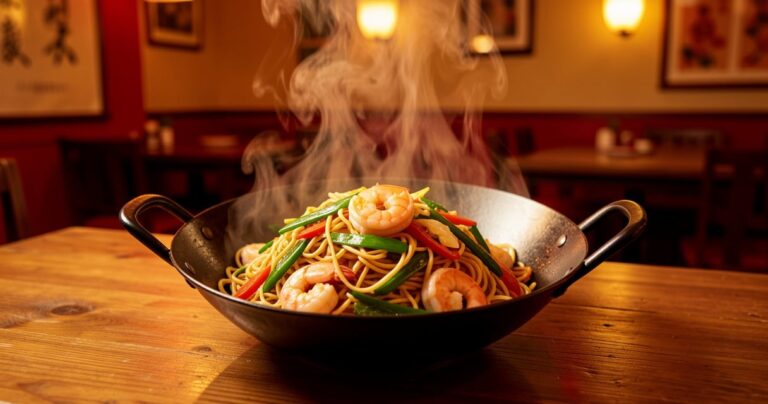 Plat de nouilles sautees au wok servi dans un restaurant chinois
