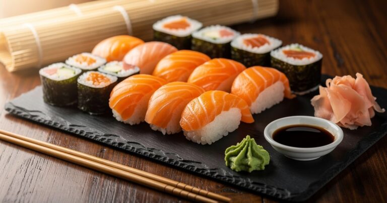 Sushis maison prépares comme par un chef, makis et nigiri sur une planche en ardoise