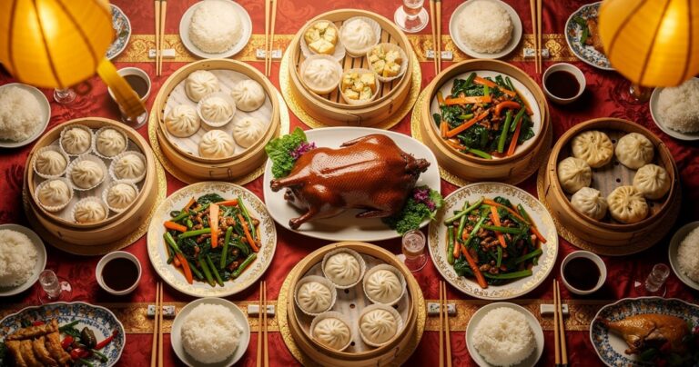 Table de banquet chinois traditionnel avec dim sum, canard rôti et plats variés