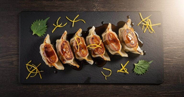 Plat de cuisine fusion asiatique : gyozas garnis de foie gras et sauce ponzu