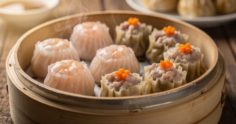 Dim sum vapeur maison dans un panier en bambou avec har gow et siu mai