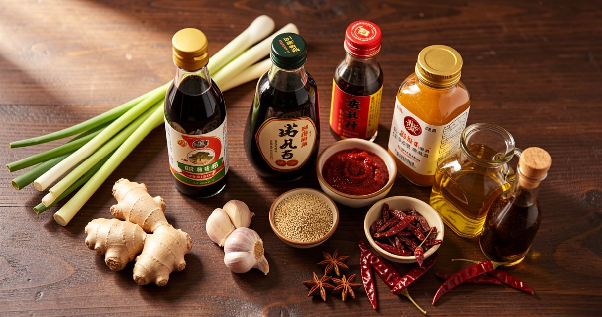 Assortiment de sauces et épices de la cuisine asiatique sur un plan de travail