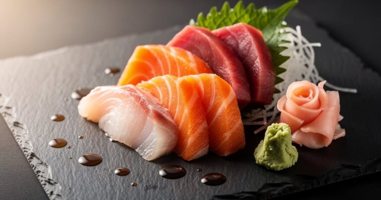 Assortiment de sashimi de poissons sur une assiette en ardoise noire avec wasabi et gingembre