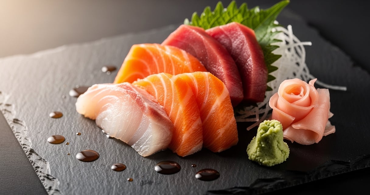 Assortiment de sashimi de poissons sur une assiette en ardoise noire avec wasabi et gingembre