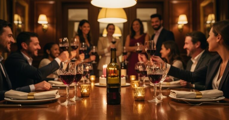 Table dressée pour un anniversaire au restaurant à Bordeaux, verres levés en arrière-plan