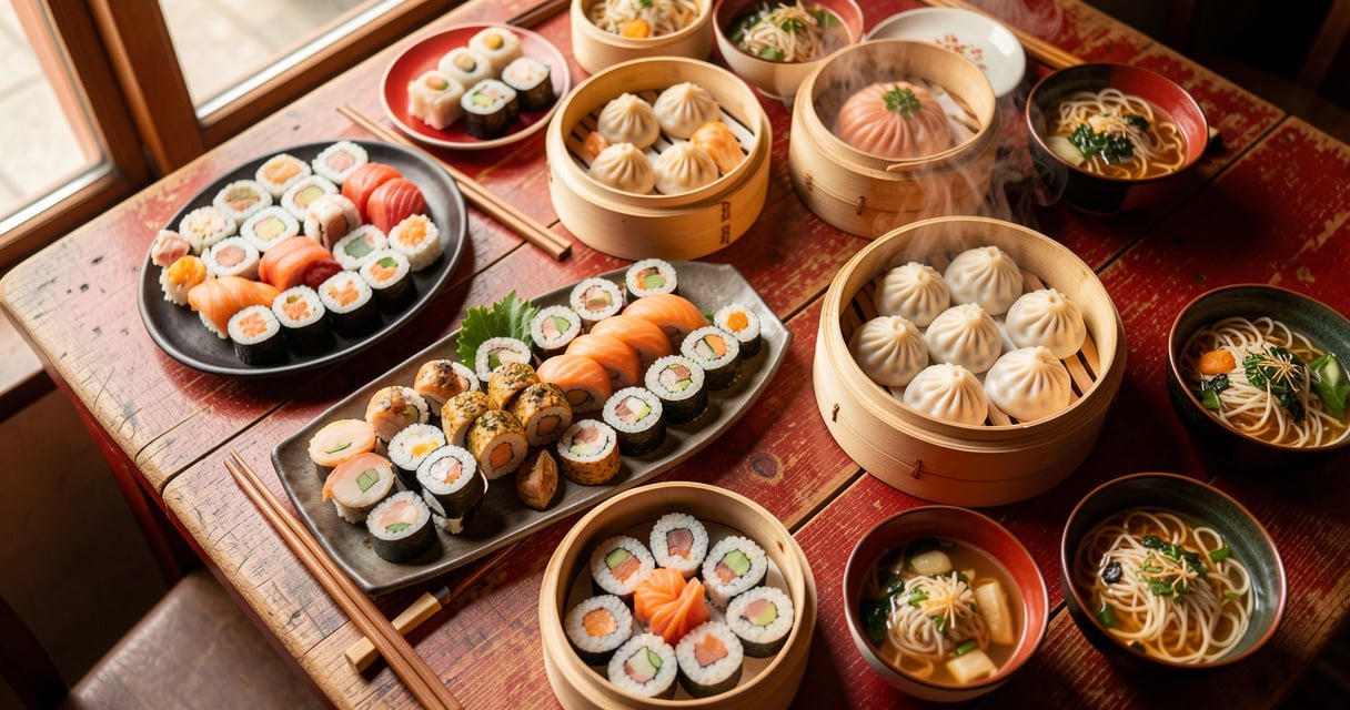 Table de restaurant asiatique garnie de sushis, raviolis vapeur et bols de nouilles