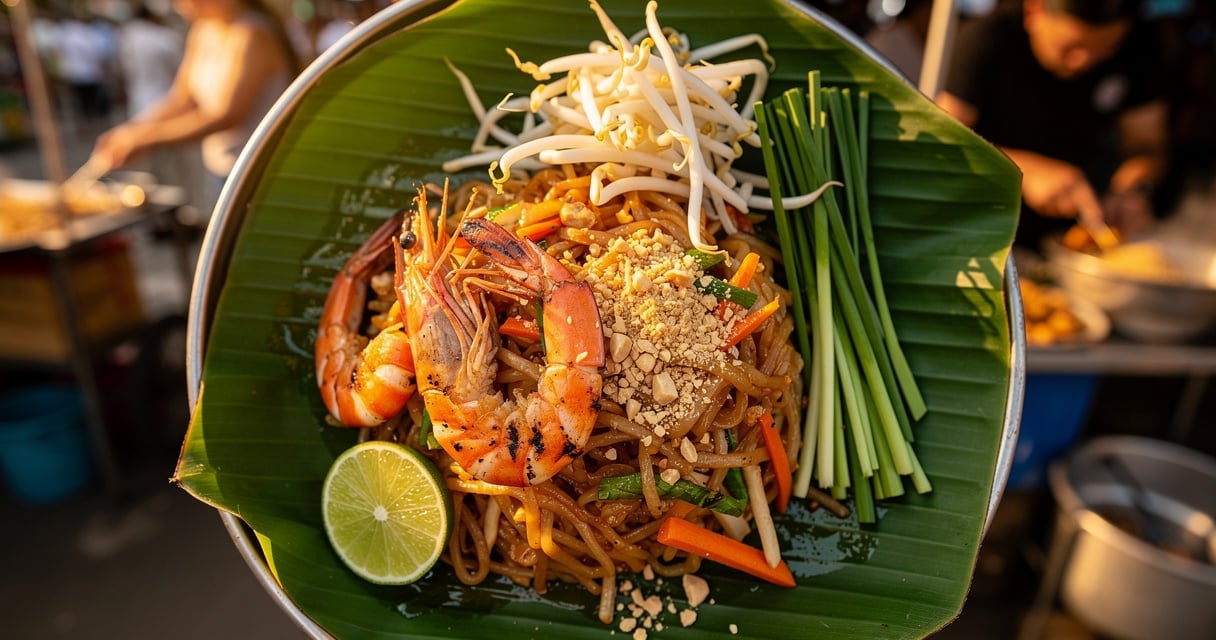 Assiette de pad thaï authentique aux crevettes avec cacahuètes et citron vert