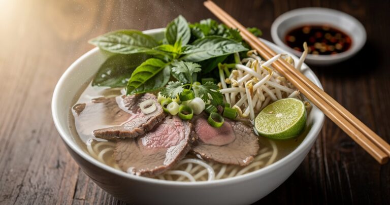 Bol de pho bo vietnamien avec bouillon, nouilles de riz, tranches de bœuf et herbes fraîches