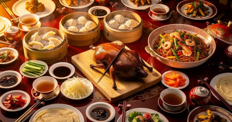 Table de banquet chinois avec canard laqué, raviolis vapeur et nouilles sautées