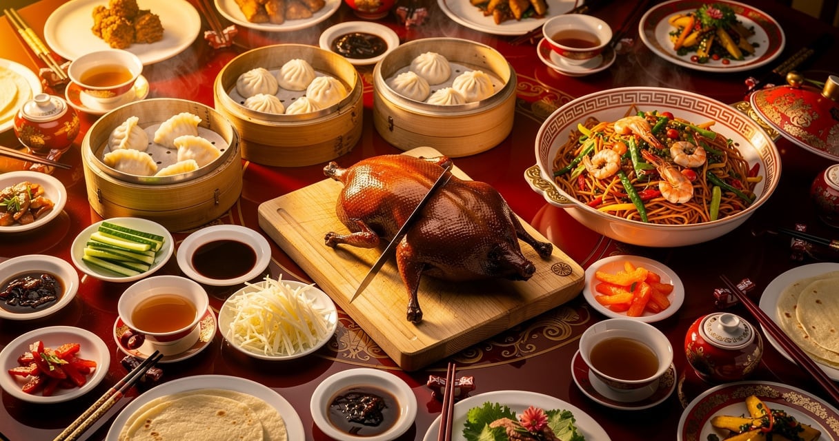 Table de banquet chinois avec canard laqué, raviolis vapeur et nouilles sautées