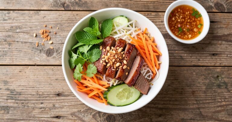 Bol de bò bún vietnamien avec boeuf mariné, vermicelles, crudités et herbes fraîches
