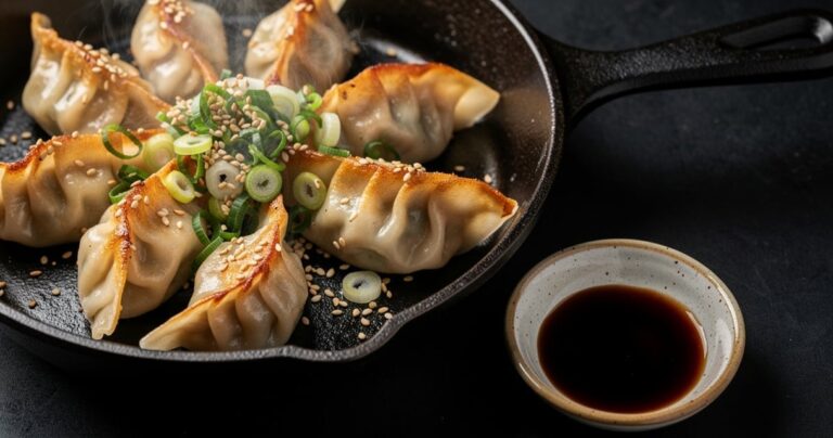 Gyozas japonais maison dorés dans une poêle en fonte noire avec sauce soja