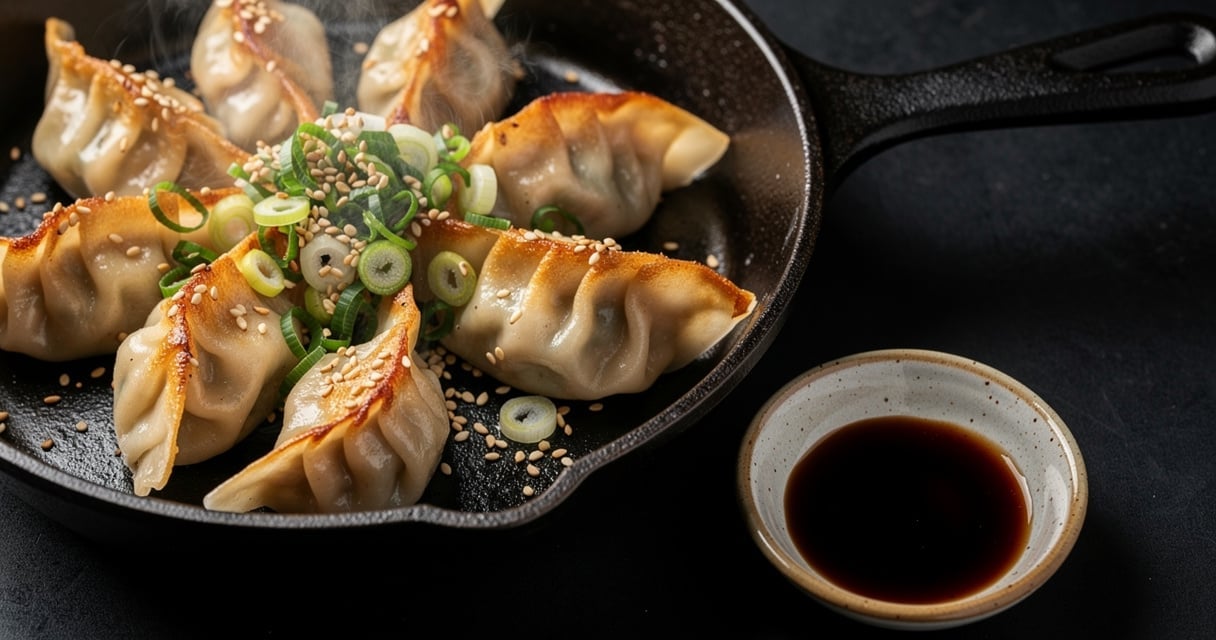 Gyozas japonais maison dorés dans une poêle en fonte noire avec sauce soja