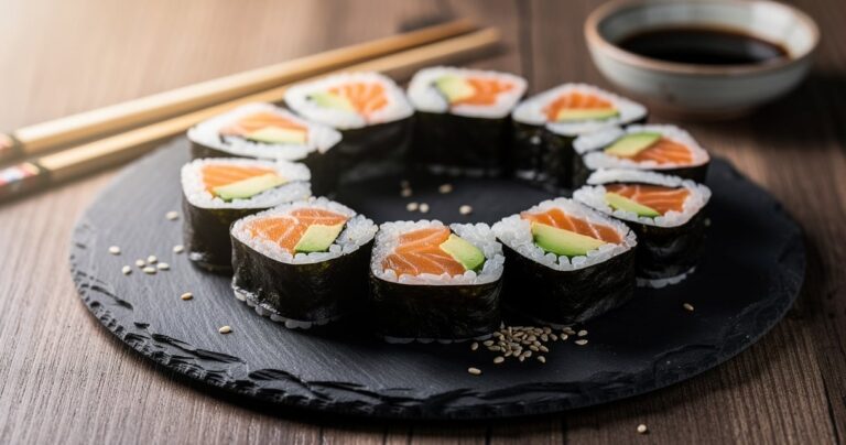 Makis saumon avocat maison disposés sur une assiette en ardoise