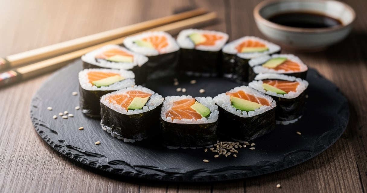 Makis saumon avocat maison disposés sur une assiette en ardoise