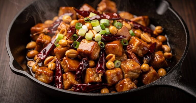 Poulet kung pao sauté aux cacahuètes servi dans un wok en fonte avec piments séchés et cébettes
