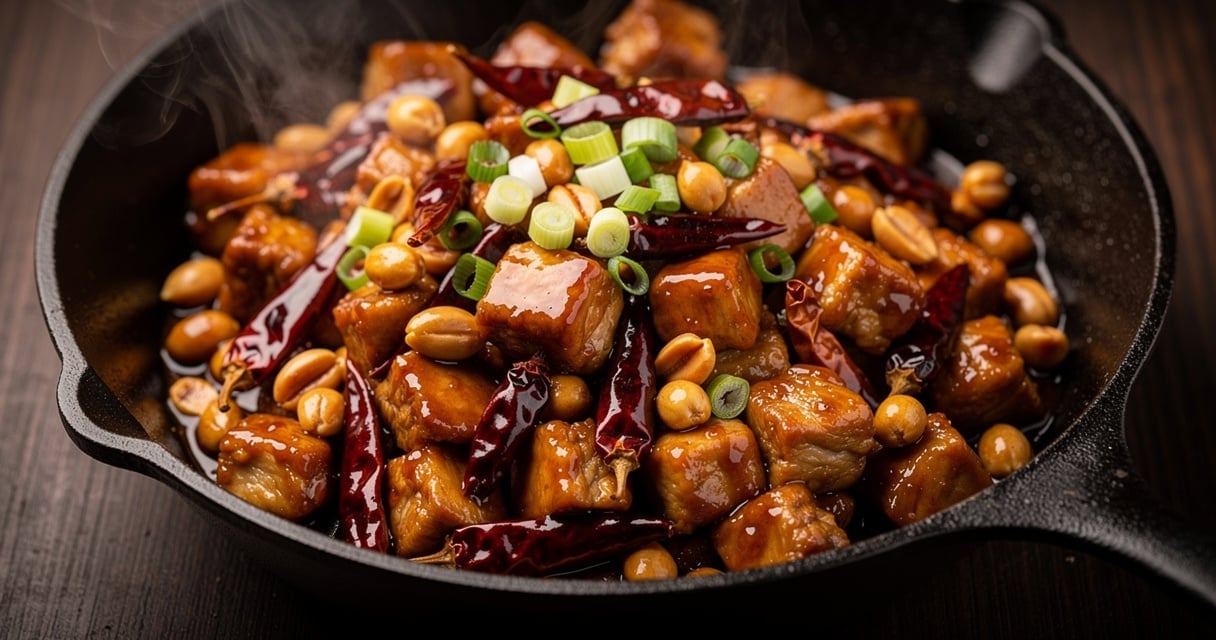 Poulet kung pao sauté aux cacahuètes servi dans un wok en fonte avec piments séchés et cébettes