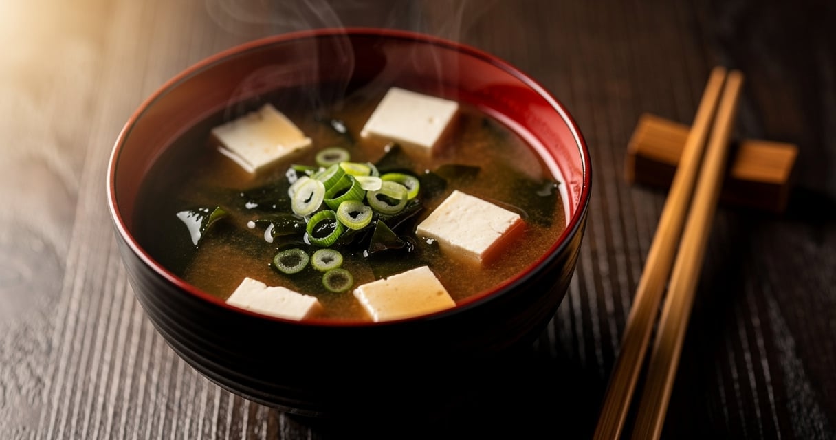 Bol traditionnel japonais de soupe miso avec tofu, wakame et oignons verts