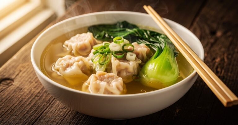 Bol de soupe wonton aux crevettes et porc avec pak choi et oignons verts