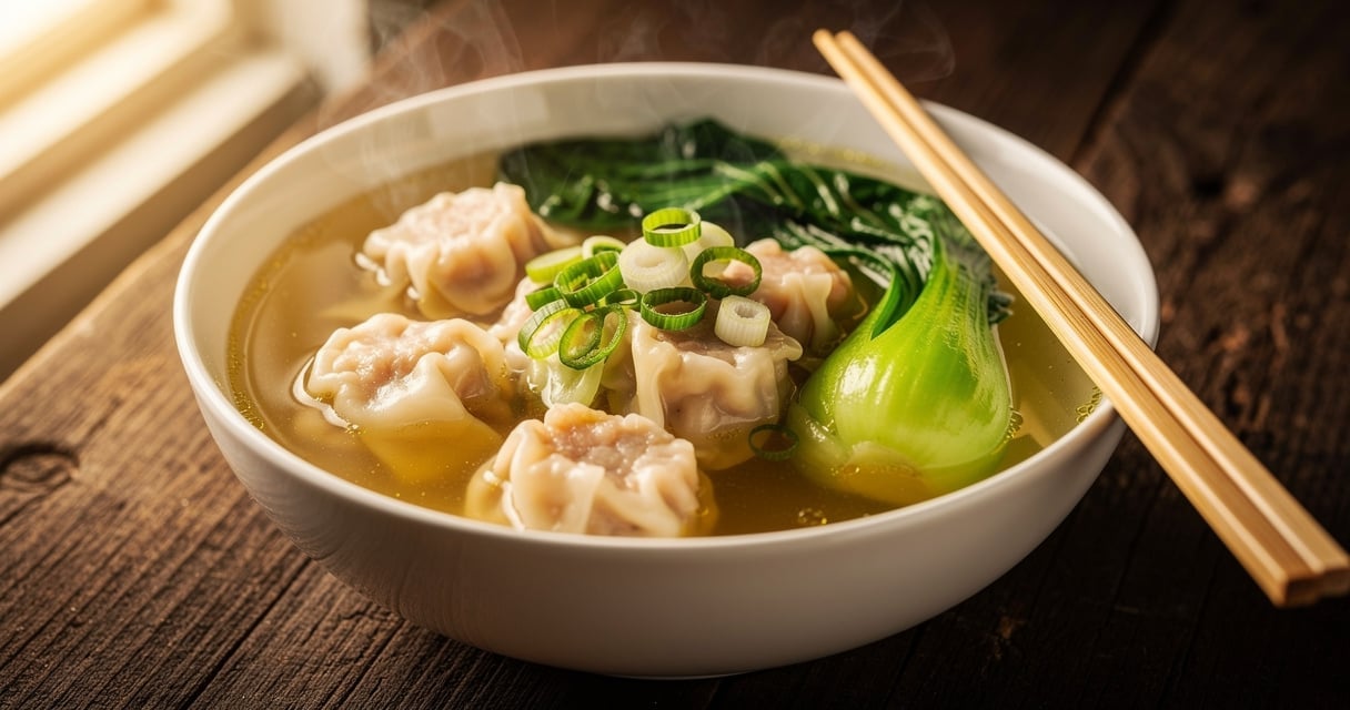 Bol de soupe wonton aux crevettes et porc avec pak choi et oignons verts