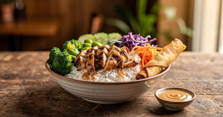 Bols de cuisine asiatique au poulet, riz et légumes dans un restaurant à Bordeaux