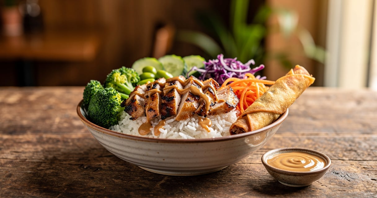 Bols de cuisine asiatique au poulet, riz et légumes dans un restaurant à Bordeaux