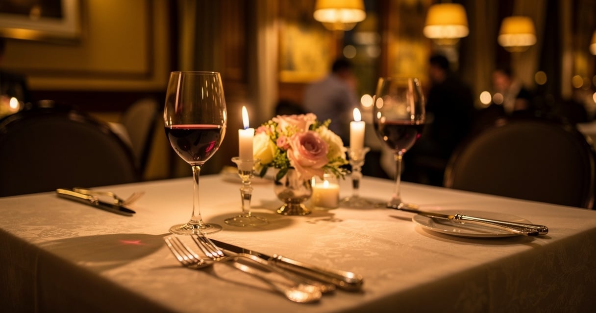 Table dressée pour un dîner romantique en amoureux avec bougies et verres de vin