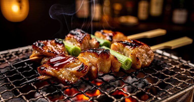 Brochettes de poulet yakitori sur un grill à charbon traditionnel japonais avec sauce tare caramélisée